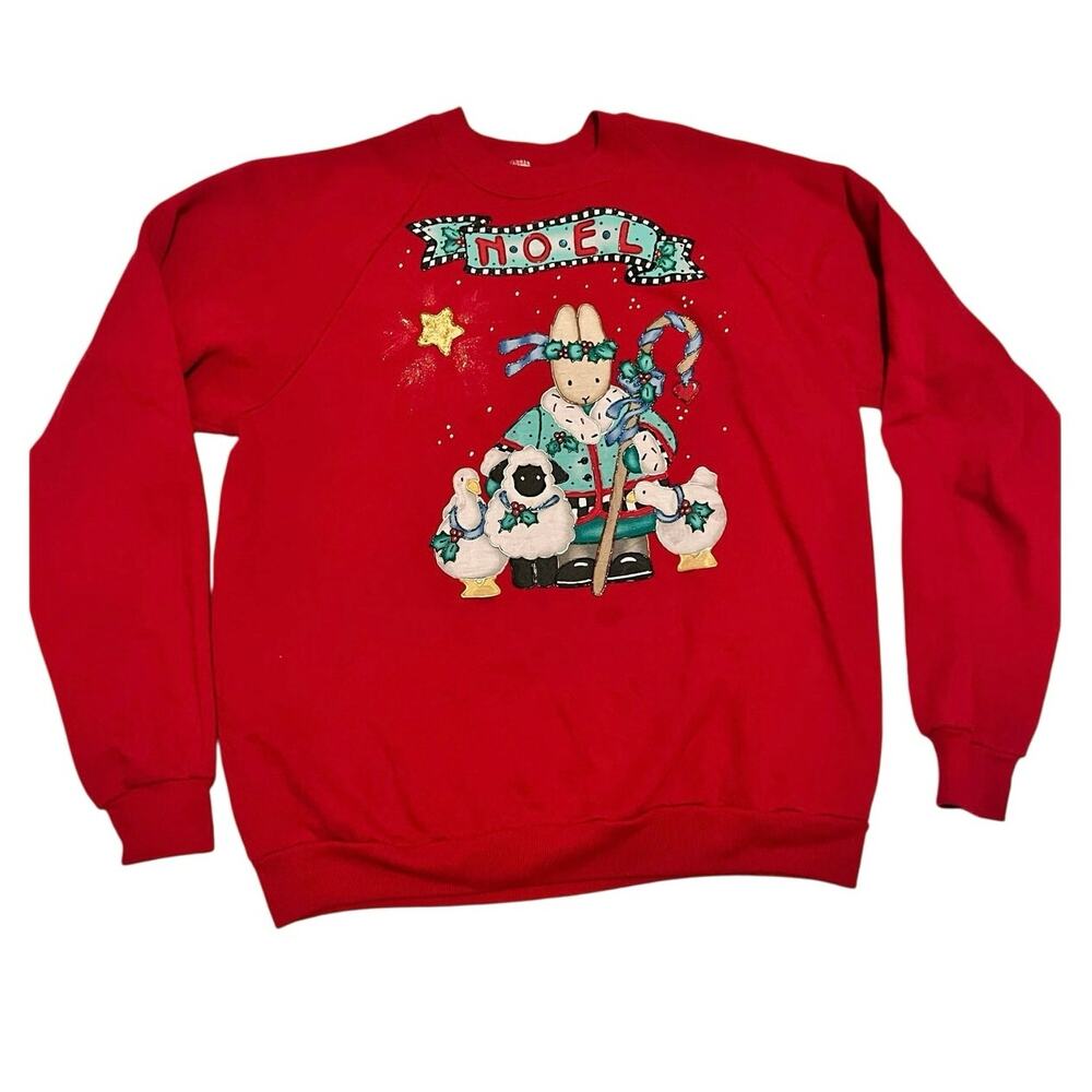 Cutest Vintage ‘90s Christmas Sweatshirt, Women’s Large, Red‎ Cotton Bunny/Lamb